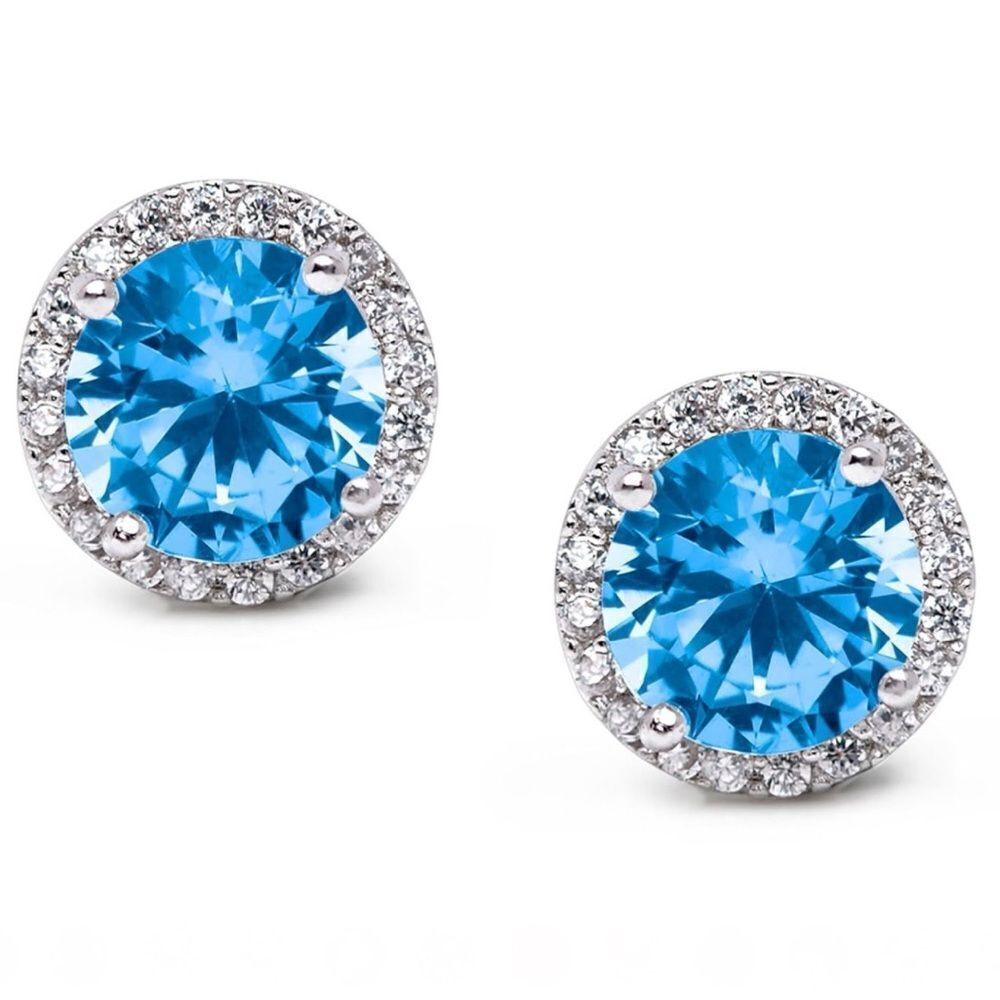 925 Sterling Silver with Aquamarine Blue and Diamond CZ Round Halo Stud Earrings